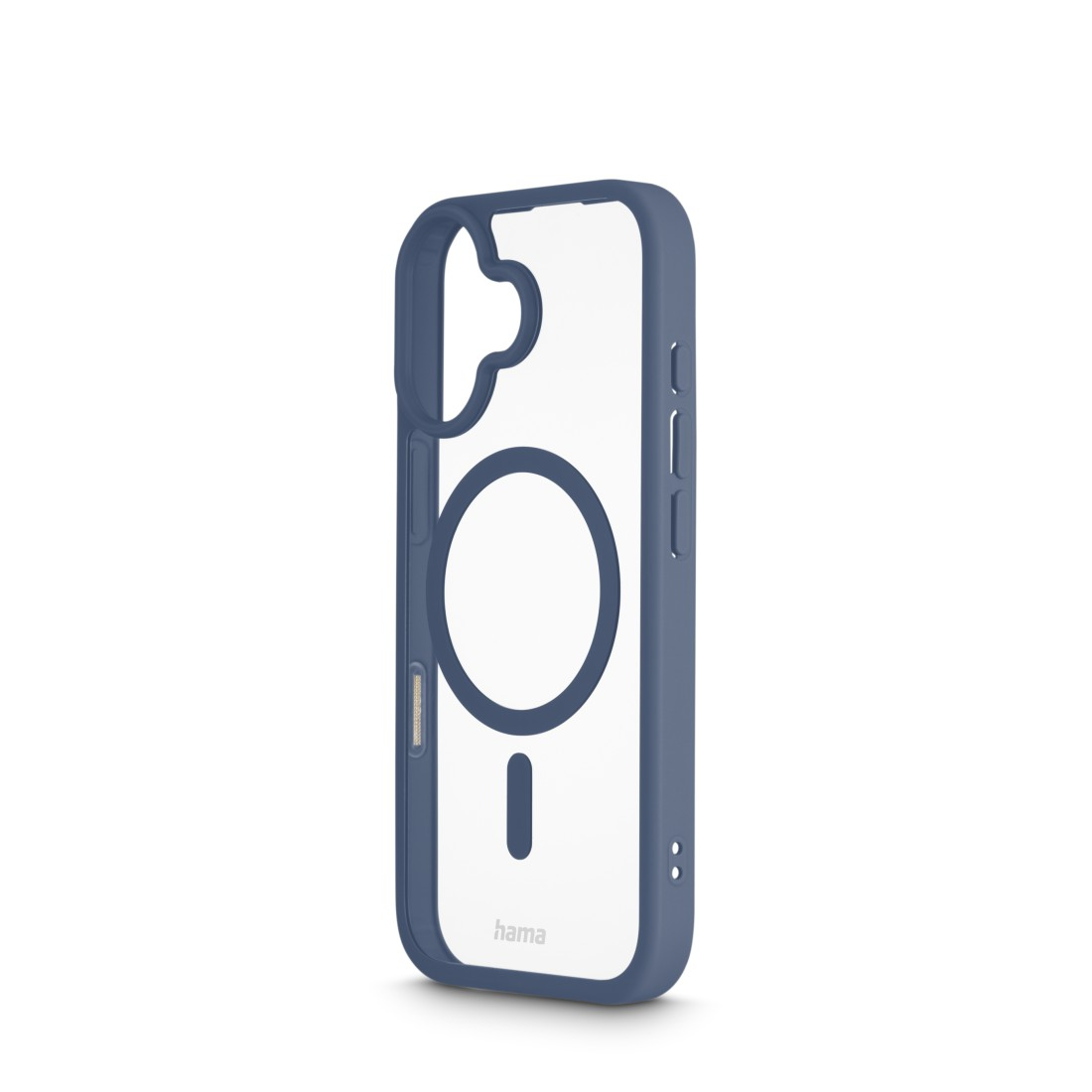 Eine blau-transparente Handyhülle. Die Hülle hat einen runden Magnetumriss und einen Ausschnitt für die Kamera. Das Hama-Logo ist sichtbar.