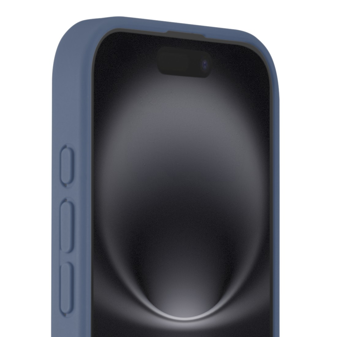 Nahaufnahme eines Smartphones mit blauem Gehäuse. Der Bildschirm ist schwarz und das Gehäuse hat Seitentasten. Der Hintergrund ist weiß.