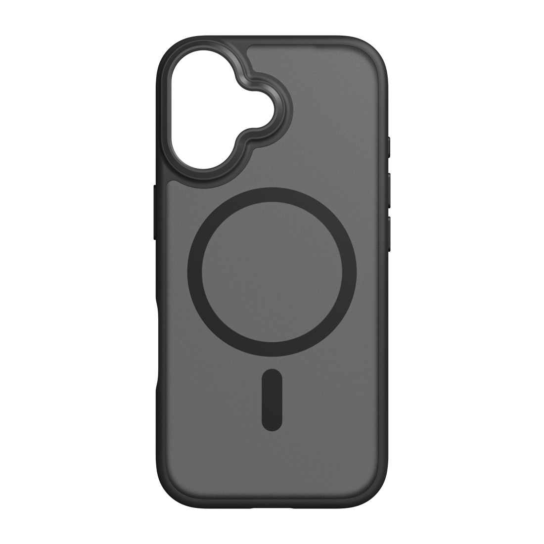 Eine graue Handyhülle mit schwarzem Rand. Sie hat ein kreisförmiges Design in der Mitte und einen Ausschnitt für die Kamera oben.