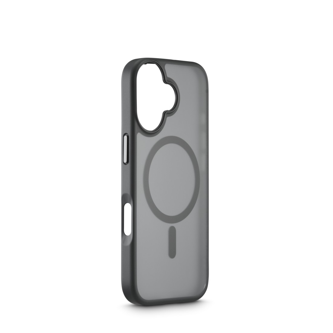 Eine transparente graue Handyhülle mit schwarzen Rändern. Die Hülle hat ein Kreis- und Minus-Symbol-Design auf der Rückseite.