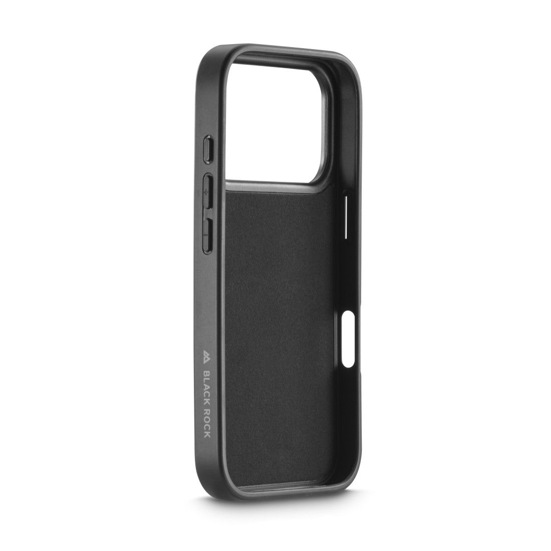 Eine schwarze Telefonhülle wird vor einem weißen Hintergrund gezeigt. Die Hülle ist offen und zeigt das Innere mit dem Markennamen 'BLACK ROCK'.