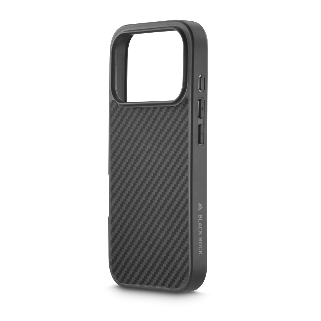 Schwarze Handyhülle mit Karbonfasermuster. Die Hülle hat Tastenabdeckungen und einen Ausschnitt für die Kamera.
