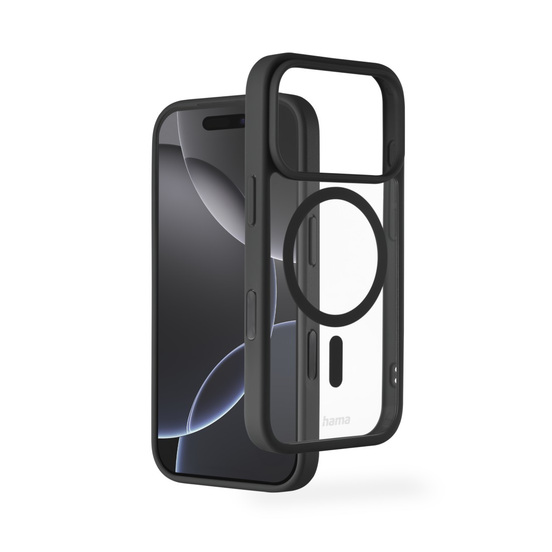 Ein iPhone mit schwarzem Gehäuse und eine transparente Hülle daneben, die transparente Hülle hat einen schwarzen Kreis und eine schwarze Linie.