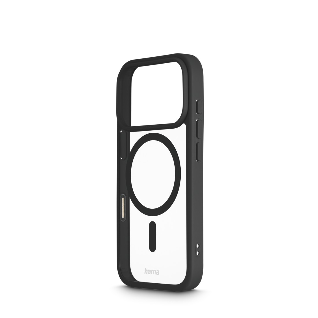 Eine schwarz-transparente Handyhülle mit kreisförmiger Aussparung für die Kamera und Markenlogo unten.