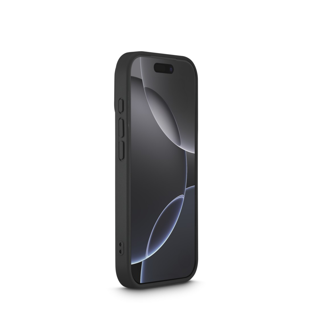 Ein schwarzes Smartphone in einer schwarzen Hülle steht aufrecht vor einem weißen Hintergrund. Der Bildschirm zeigt ein geschwungenes, abstraktes Muster.
