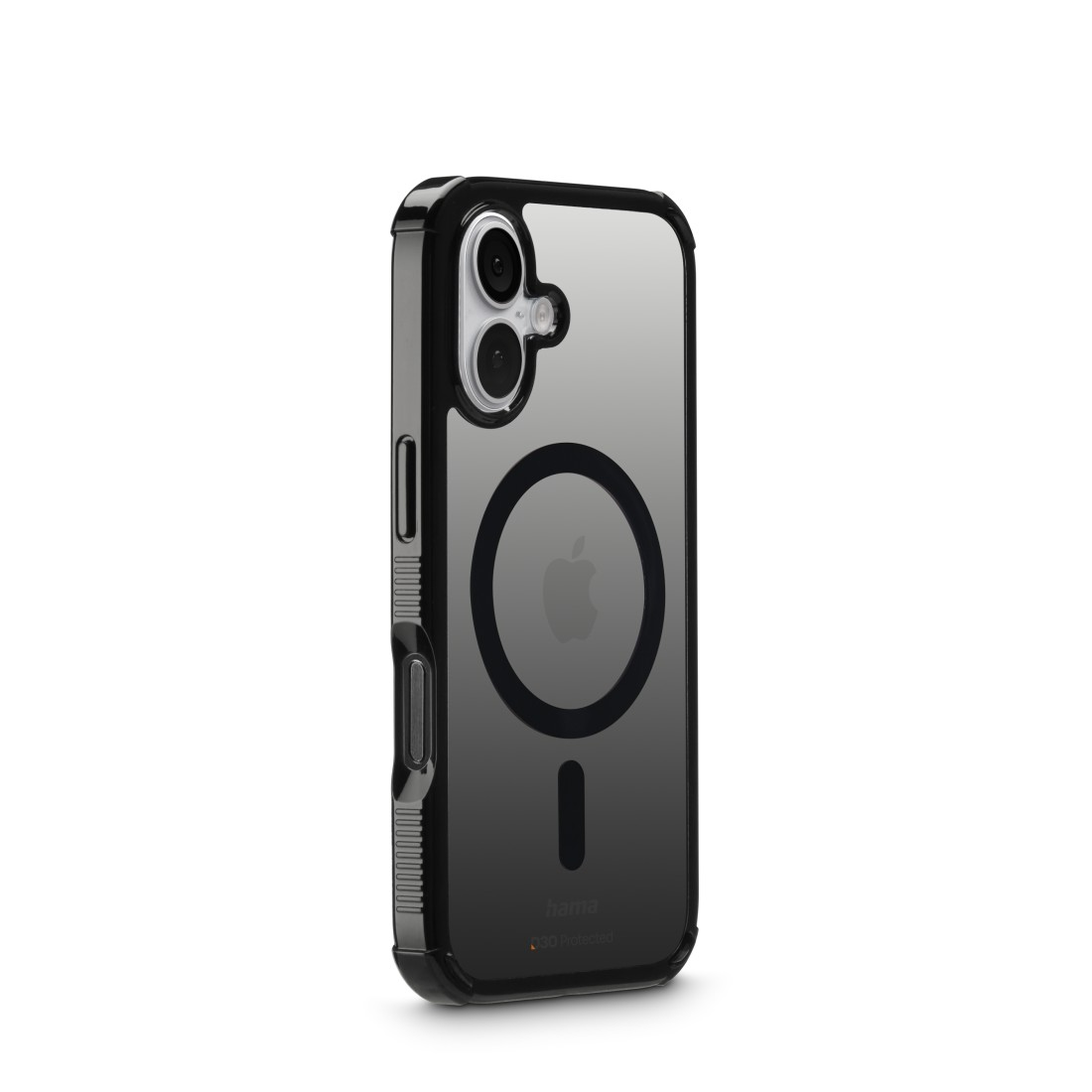Eine schwarze iPhone-Hülle mit durchsichtigem Rücken und schwarzem Rand, mit Apple-Logo und 'hama'-Branding.