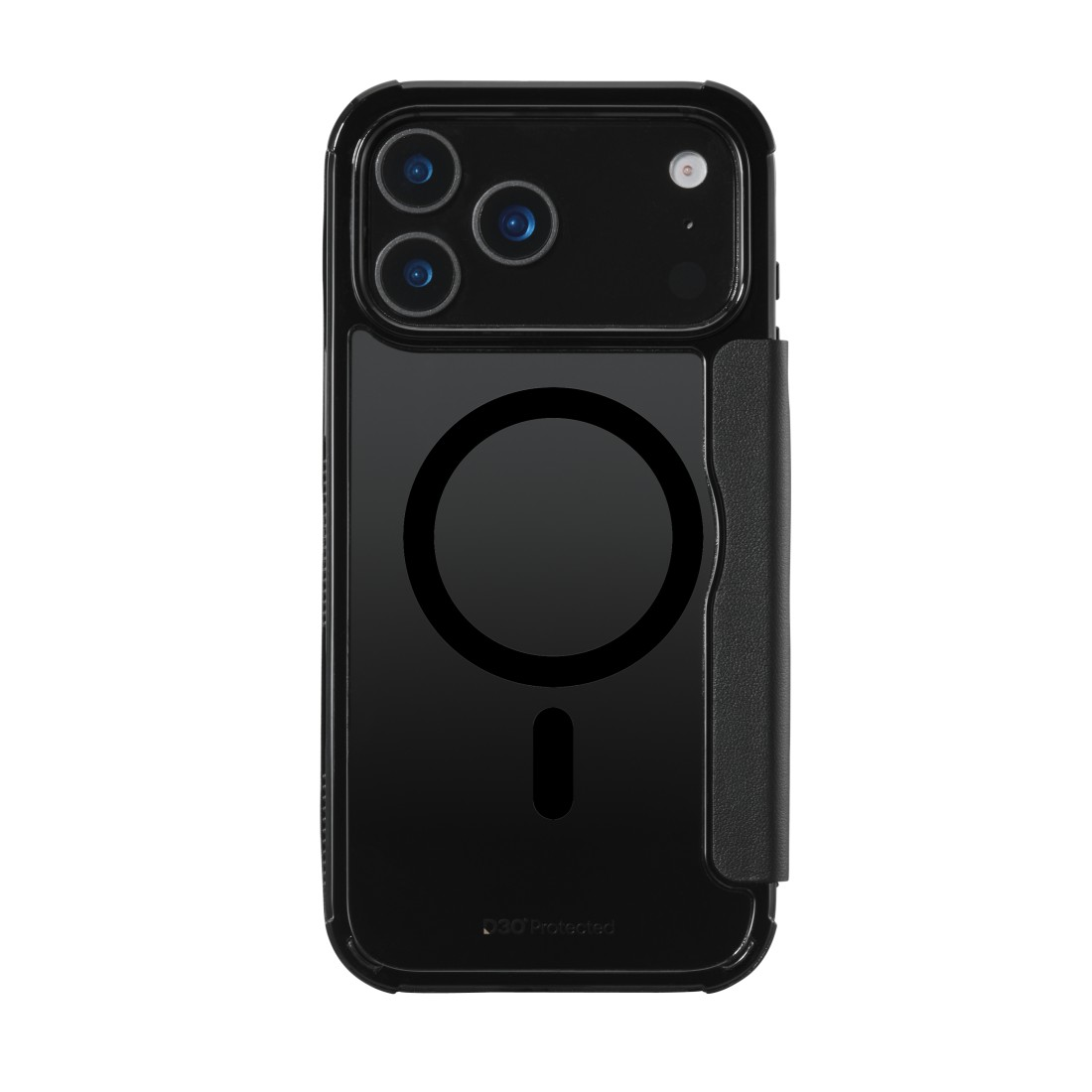 Schwarze Handyhülle mit drei Kameralinsen, einem kreisförmigen Design und dem Text '360 Protected' unten.