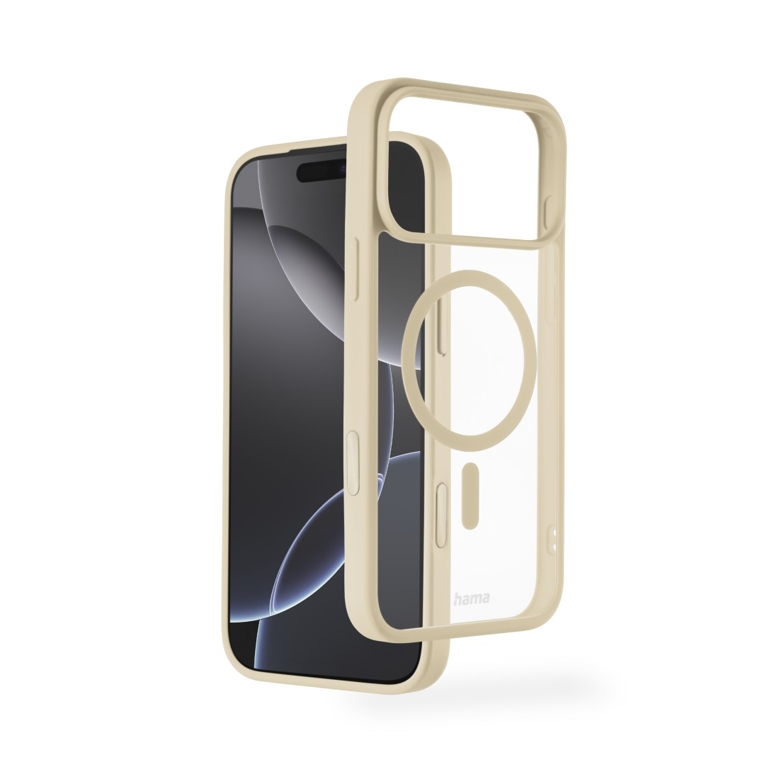 Ein iPhone mit beiger Hülle. Ein klarer, abgetrennter Rahmen liegt daneben. Die Hülle ist beige und hat eine runde Öffnung für die Kamera.