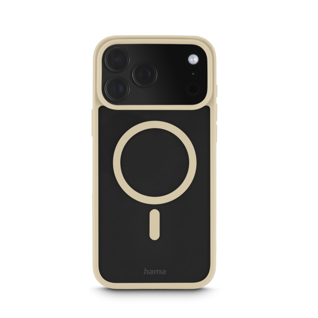 Schwarze iPhone-Hülle mit beigem Rand. Sie hat ein kreisförmiges Design und drei Kameralinsen. Der Markenname 'hama' steht unten.
