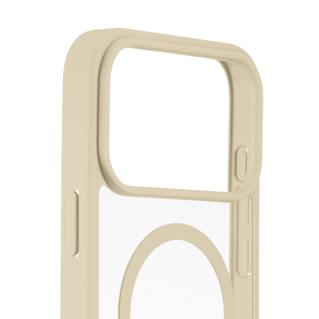 Eine beige Handyhülle mit durchsichtigem Rücken und einem kreisförmigen Ausschnitt. Die Hülle hat abgerundete Kanten und einen erhöhten Rahmen um die Kamera.