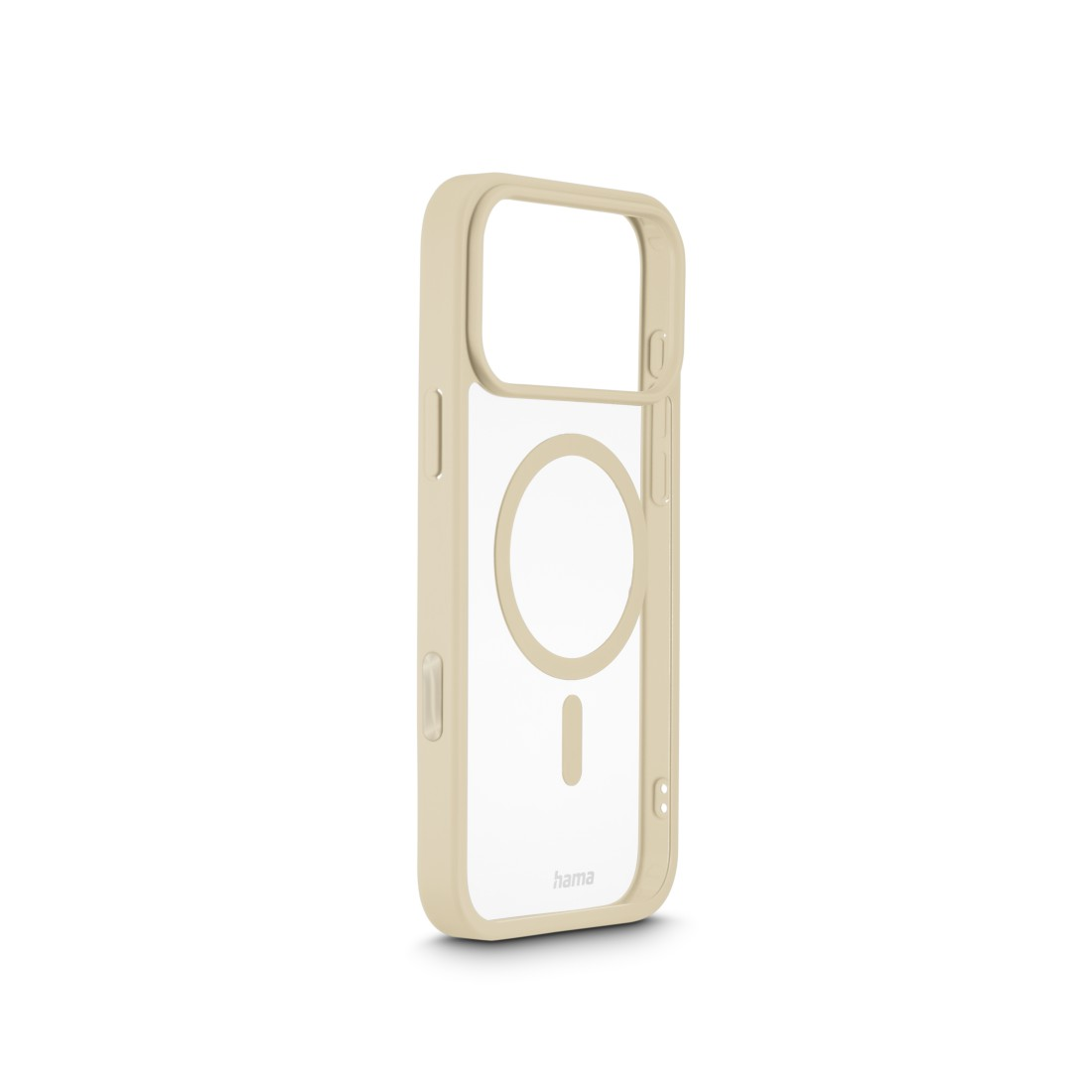 Eine beige Handyhülle mit durchsichtigem Rücken, die den Kameraausschnitt und den MagSafe-Kreis zeigt. Das Gehäuse hat das 'hama'-Logo.