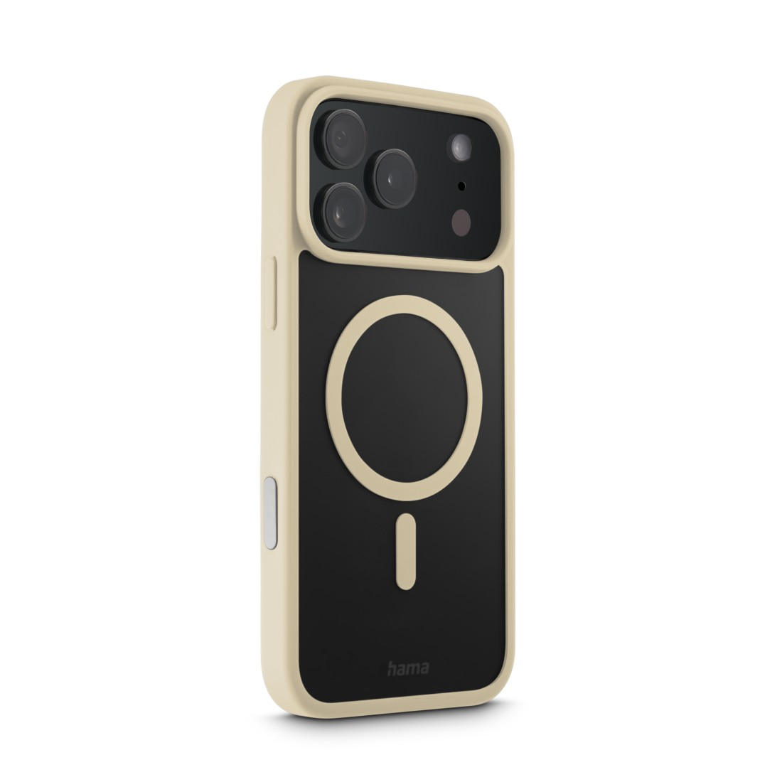 iPhone-Hülle mit MagSafe. Beige-schwarzes Design. Mit Kameraausschnitten und kreisförmigem Ladebereich. Hama-Logo sichtbar.