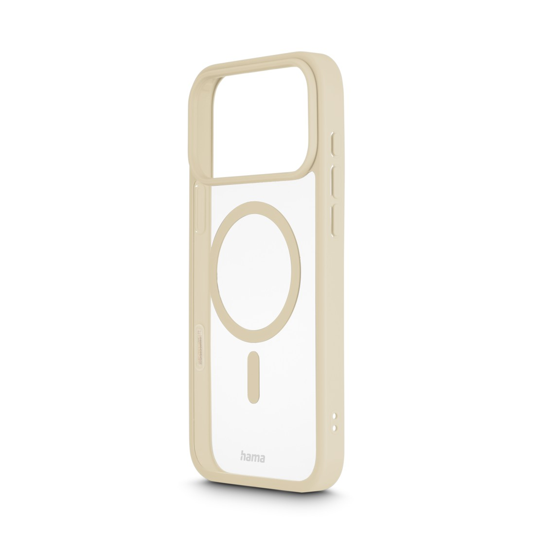 Eine beige iPhone-Hülle mit durchsichtigem Rücken. Sie hat einen kreisförmigen Magnetbereich und den Markennamen 'hama'.