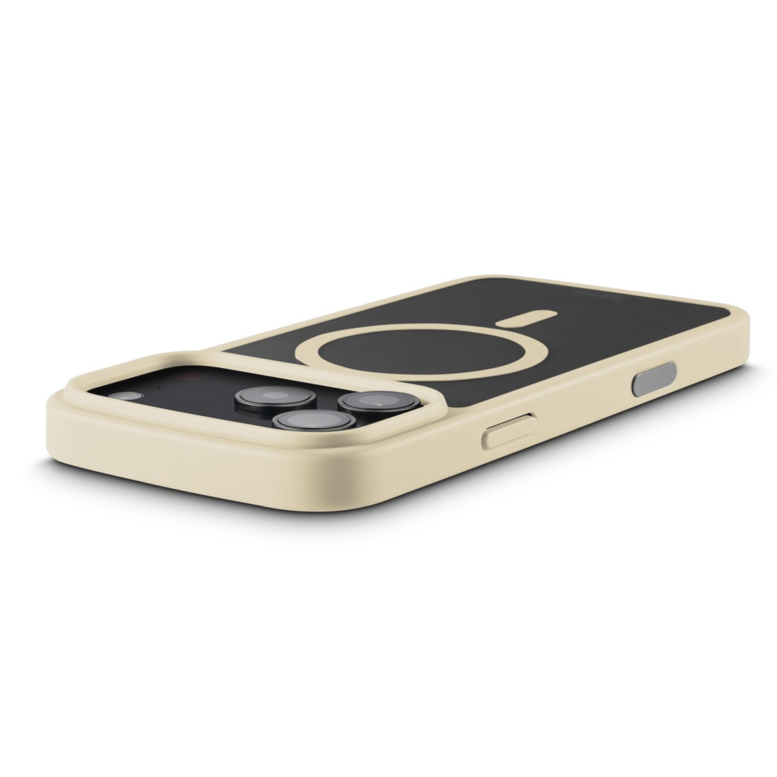 Eine beige Telefonhülle mit schwarzem Oberteil und kreisförmigem Design. Die Hülle hat einen Kameraausschnitt und Knöpfe an der Seite.