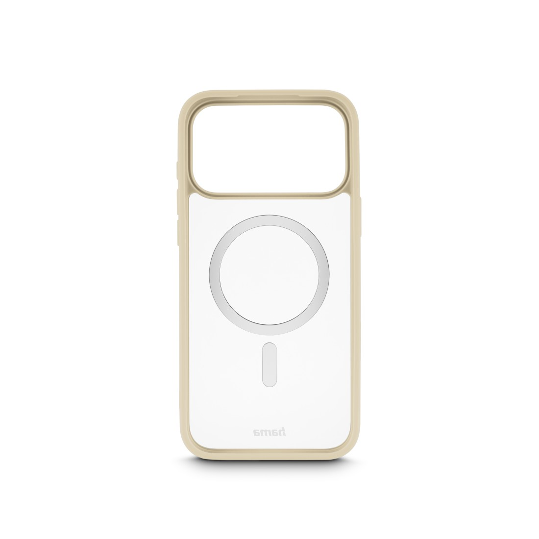 Eine beige und transparente Handyhülle mit kreisförmigem MagSafe-Design befindet sich vor weißem Hintergrund.