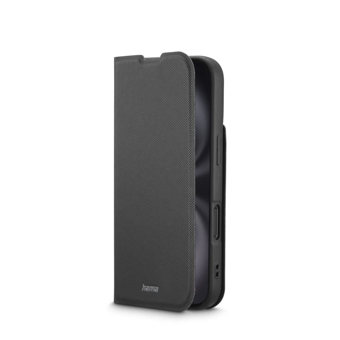 Eine schwarze Handyhülle ist geöffnet und zeigt das Telefon. Die Hülle ist strukturiert, und die Marke 'hama' ist sichtbar. Der Hintergrund ist weiß.