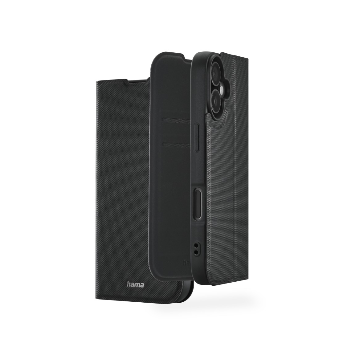 Schwarze Handyhülle mit geöffneten und geschlossenen Teilen. Hama-Logo unten links. Telefon mit sichtbaren Kameras.