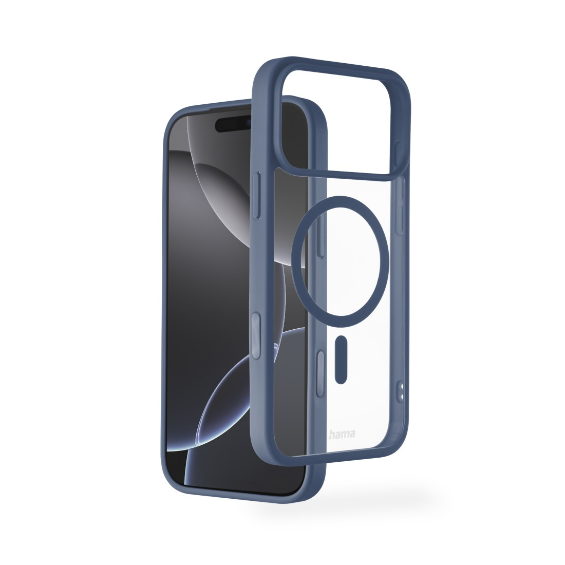 Eine blaue Handyhülle neben einem Handy. Die Hülle ist transparent mit blauem Rahmen, Kreis und Rechteck.
