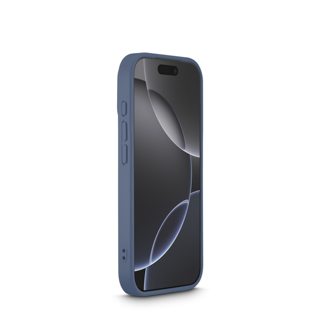 Ein blaues Telefon in einer Hülle steht aufrecht vor weißem Hintergrund. Der Bildschirm zeigt ein dunkles, abstraktes Design.