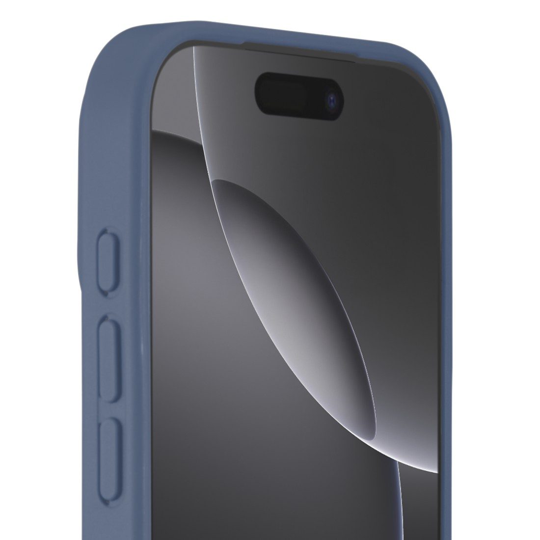 Nahaufnahme eines Smartphones mit blauem Gehäuse. Der Bildschirm ist dunkelgrau, eine Kamera sichtbar. Das Gehäuse hat Knöpfe an der Seite.