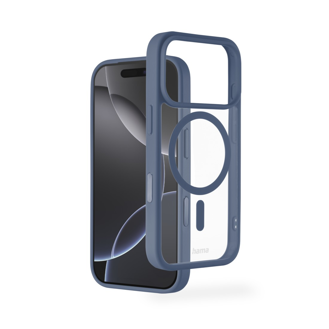 Ein iPhone mit einer blauen Schutzhülle. Die Hülle ist transparent mit blauem Rahmen und teilweise vom Telefon getrennt.