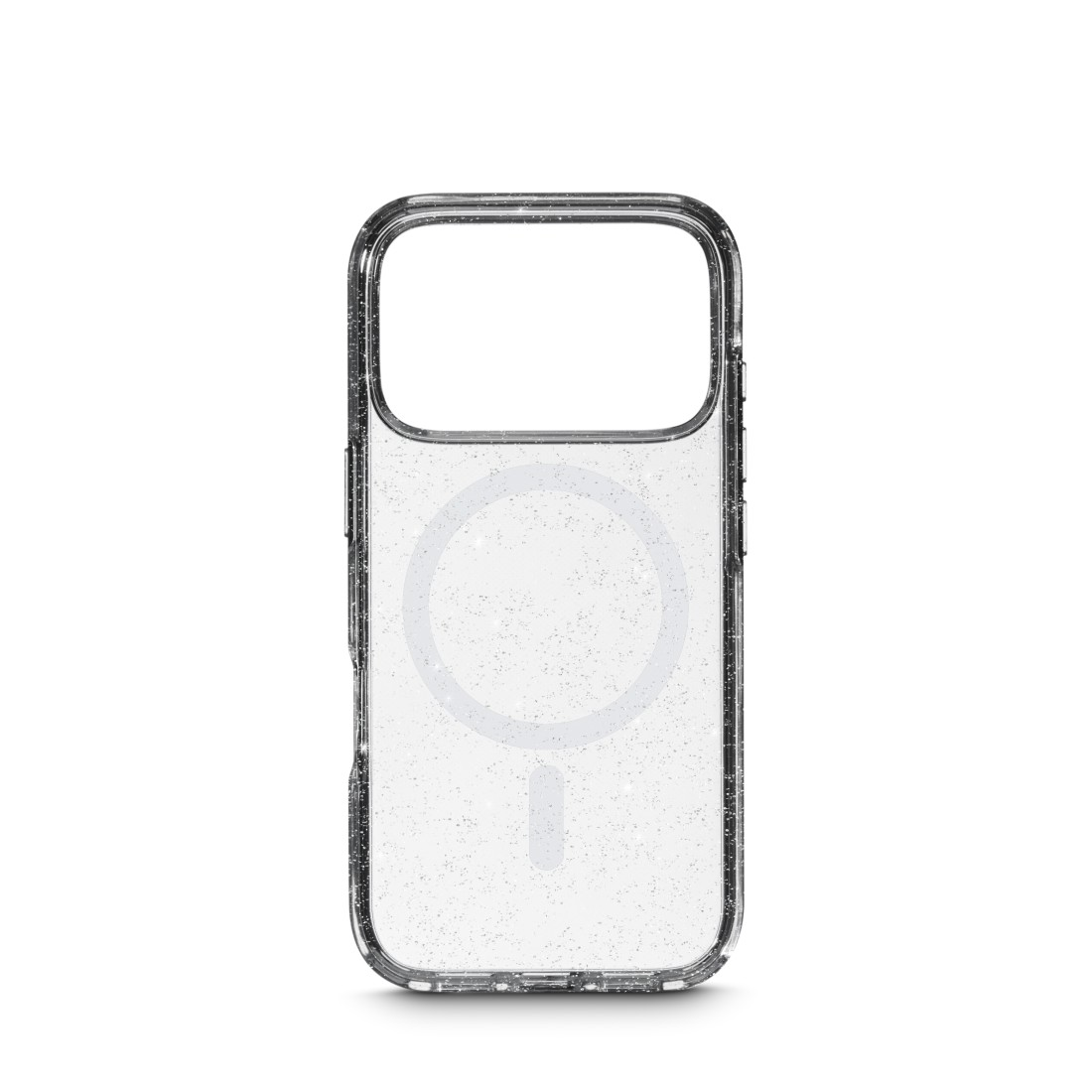 Transparente Handyhülle mit Glitzer, mit Kameraausschnitt und MagSafe-Ring auf weißem Hintergrund.