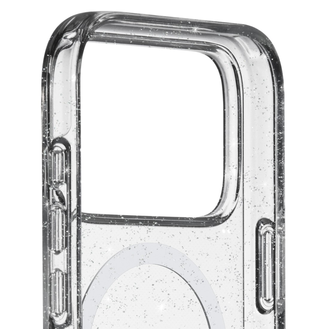 Nahaufnahme einer durchsichtigen Handyhülle mit Glitzer. Die Hülle hat eine rechteckige Öffnung und ein kreisförmiges Design.
