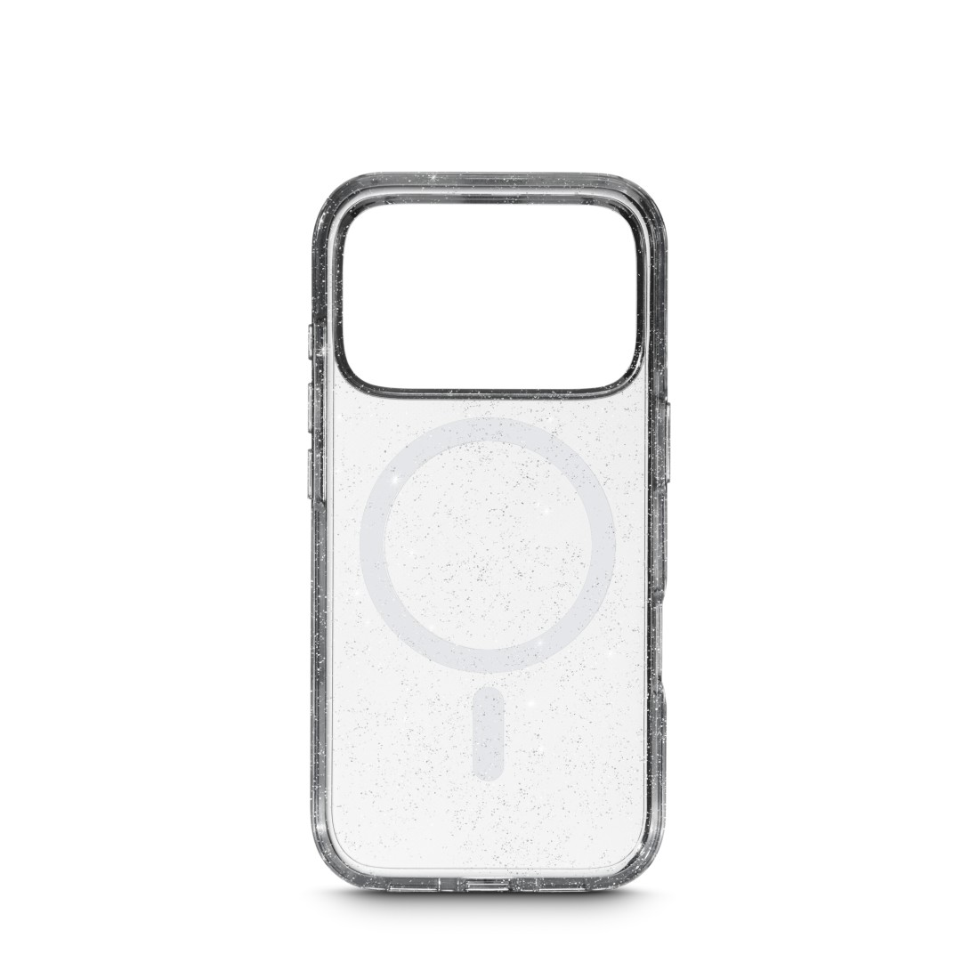 Eine transparente Handyhülle mit Glitzer. Sie hat einen Kameraausschnitt und einen MagSafe-Kreis auf der Rückseite. Der Hintergrund ist weiß.