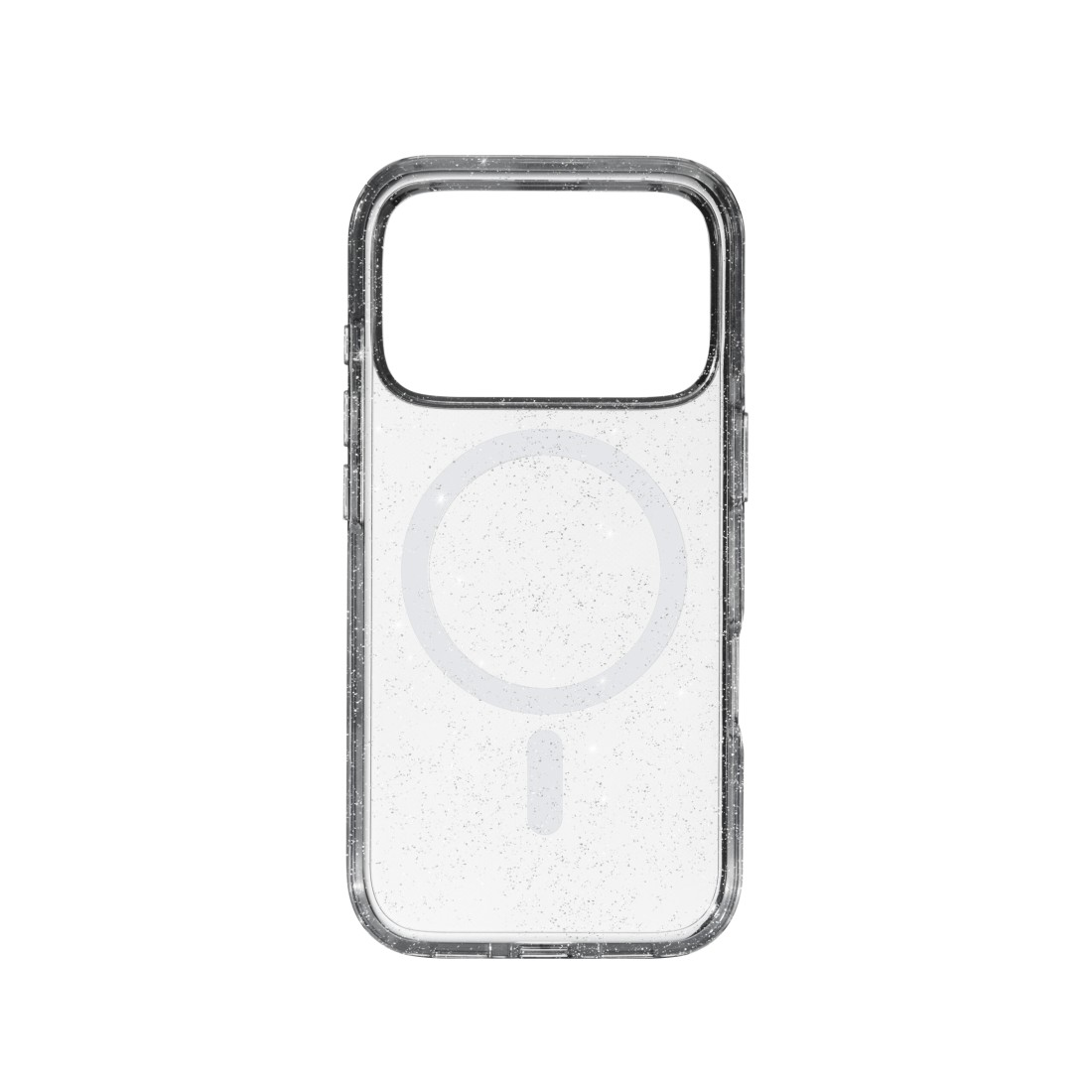 Transparente Handyhülle mit Glitzer. Sie hat einen Kameraausschnitt und einen MagSafe-Kreis. Die Hülle ist transparent.