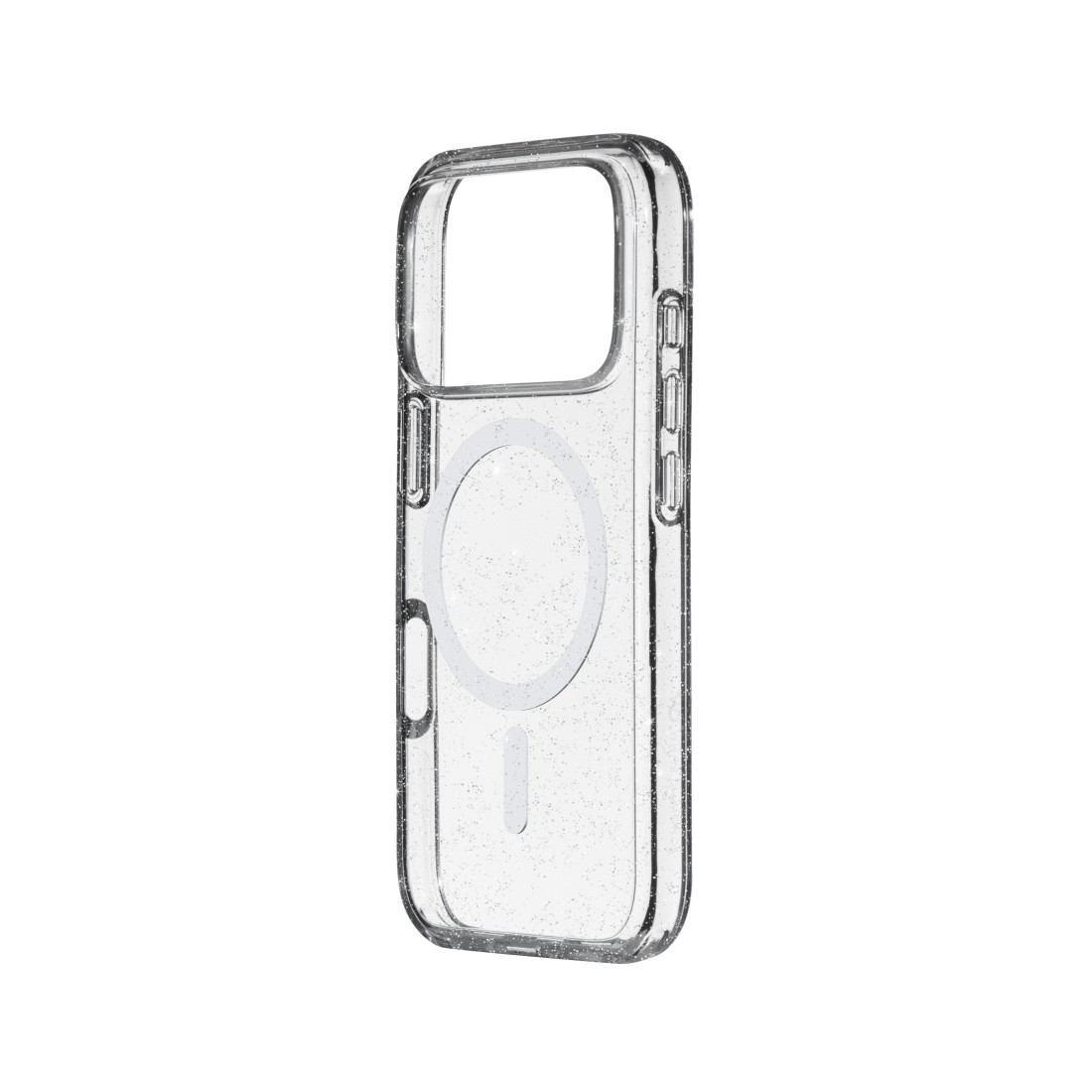 Transparente iPhone-Hülle mit Glitzer. Sie hat Kamera- und Knopfausschnitte. Ein weißer MagSafe-Kreis ist sichtbar.
