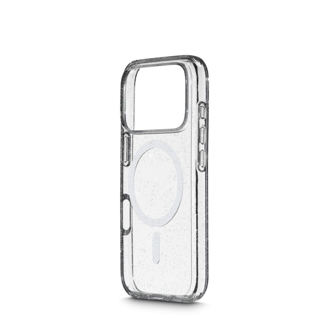 Eine transparente Handyhülle mit Glitzer. Sie hat einen MagSafe-Kreis auf der Rückseite und ist leicht angewinkelt, mit weißem Hintergrund.