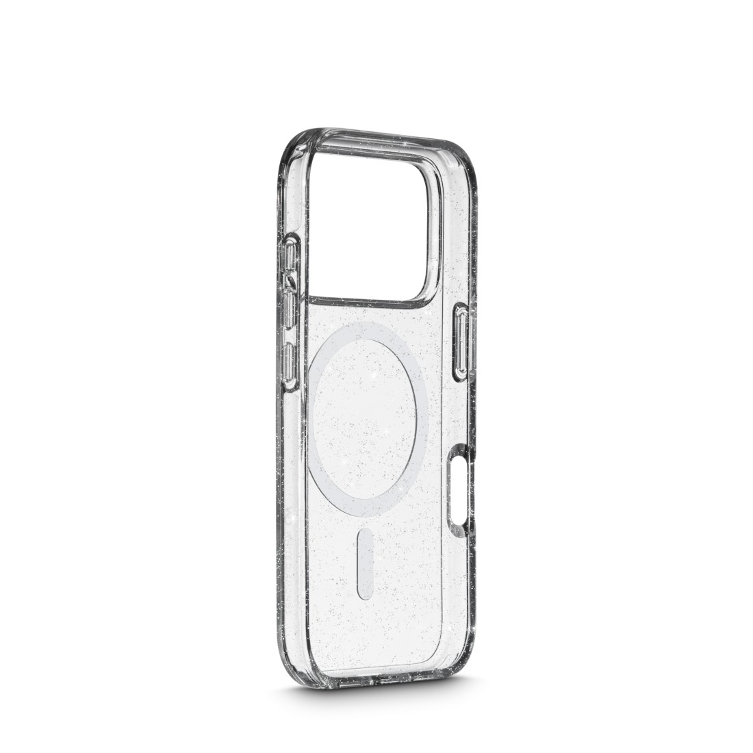 Transparente Handyhülle mit Glitzer, mit Öffnungen für Kamera und Ladeanschluss. Der MagSafe-Kreis ist in der Mitte.