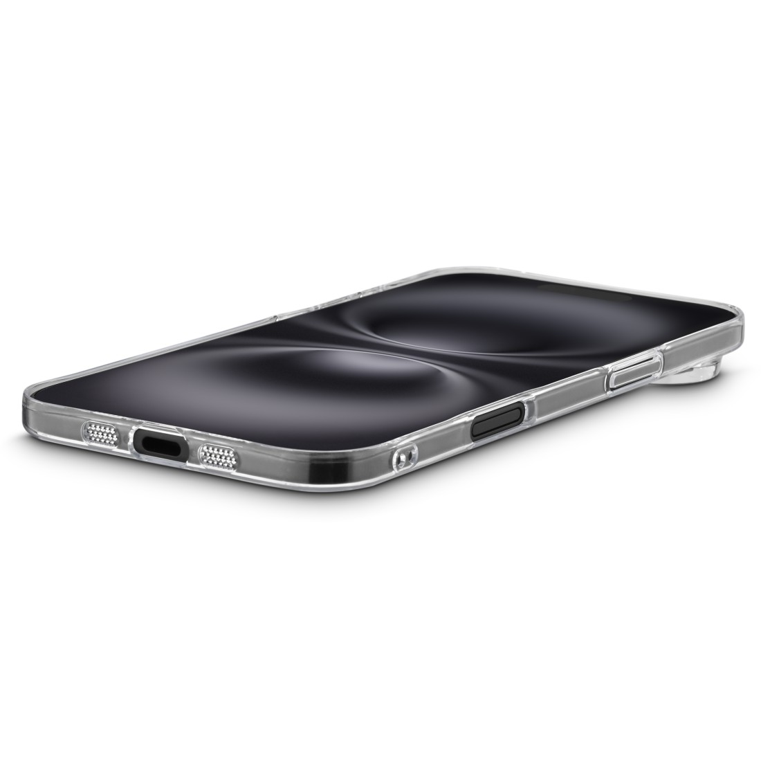 Eine transparente Handyhülle mit schwarzem Bildschirm, schräg auf weißer Oberfläche. Das Handy hat eine transparente Hülle.
