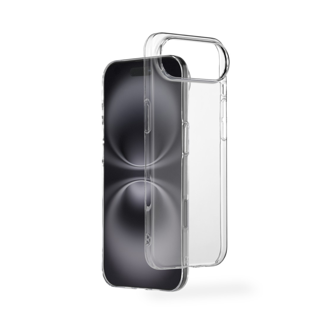 Ein Smartphone mit einer durchsichtigen Schutzhülle. Das Telefon ist schwarz, die Hülle transparent. Weißer Hintergrund.