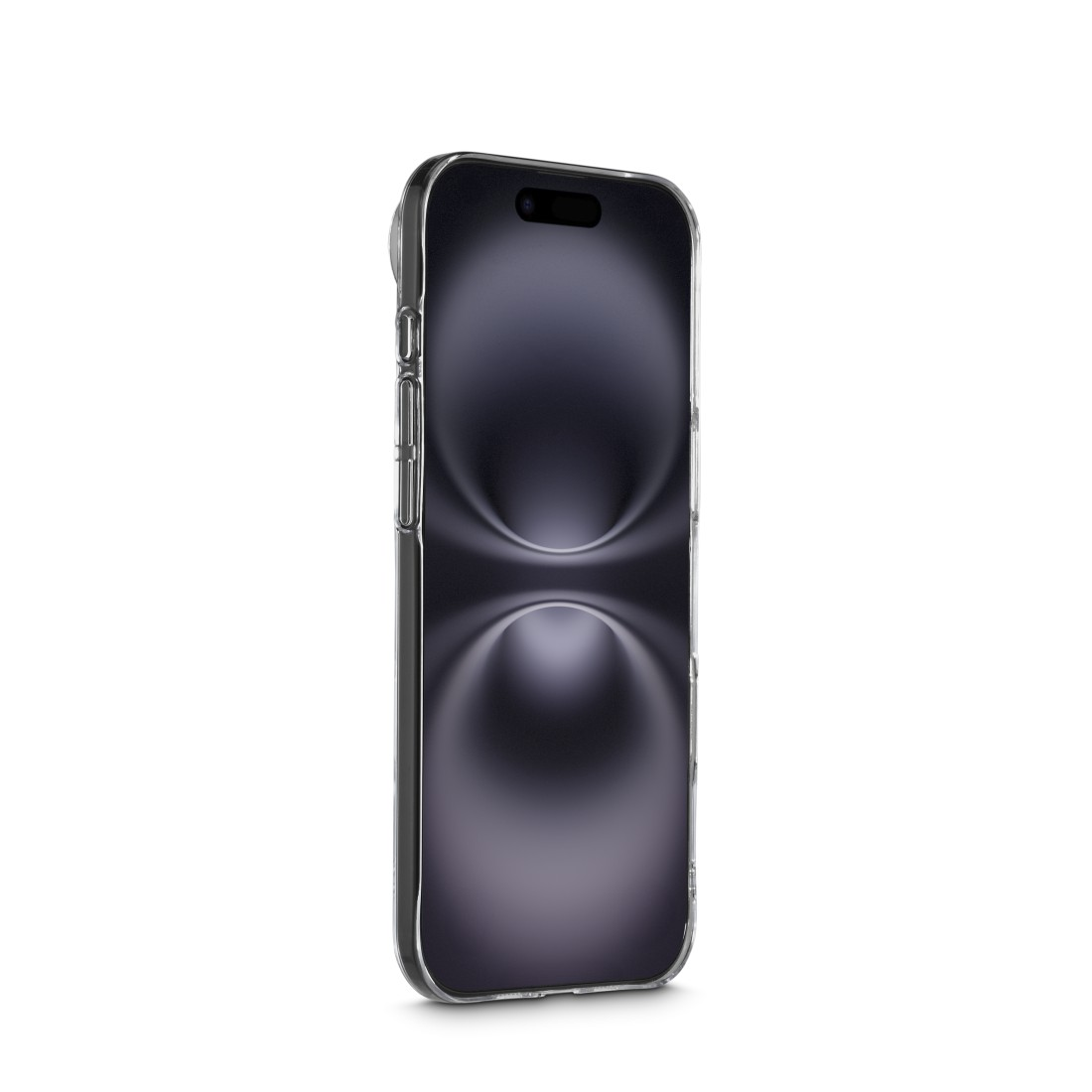 Ein Smartphone in einer transparenten Hülle wird vor weißem Hintergrund gezeigt. Der Bildschirm zeigt einen abstrakten dunklen Farbverlauf.