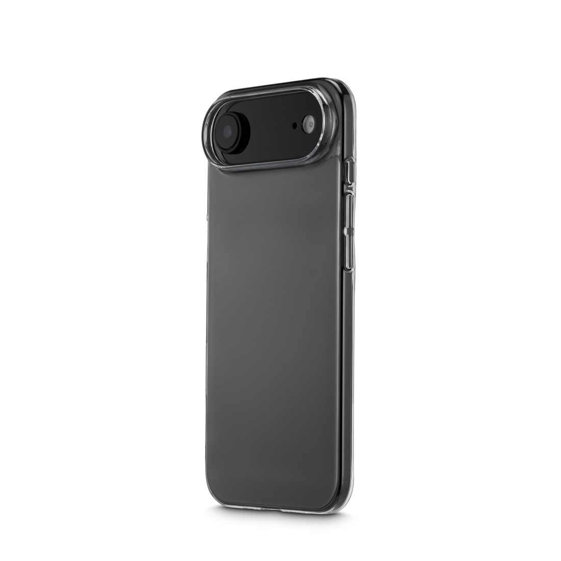 Ein schwarzes Smartphone mit Kameraaufsatz in einer durchsichtigen Hülle liegt auf einer weißen Oberfläche. Die Kamera befindet sich oben.
