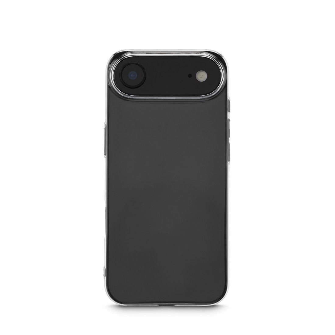 Ein schwarzes Smartphone mit einer transparenten Hülle, oben mit einer Dual-Objektiv-Kamera. Der Hintergrund ist weiß.