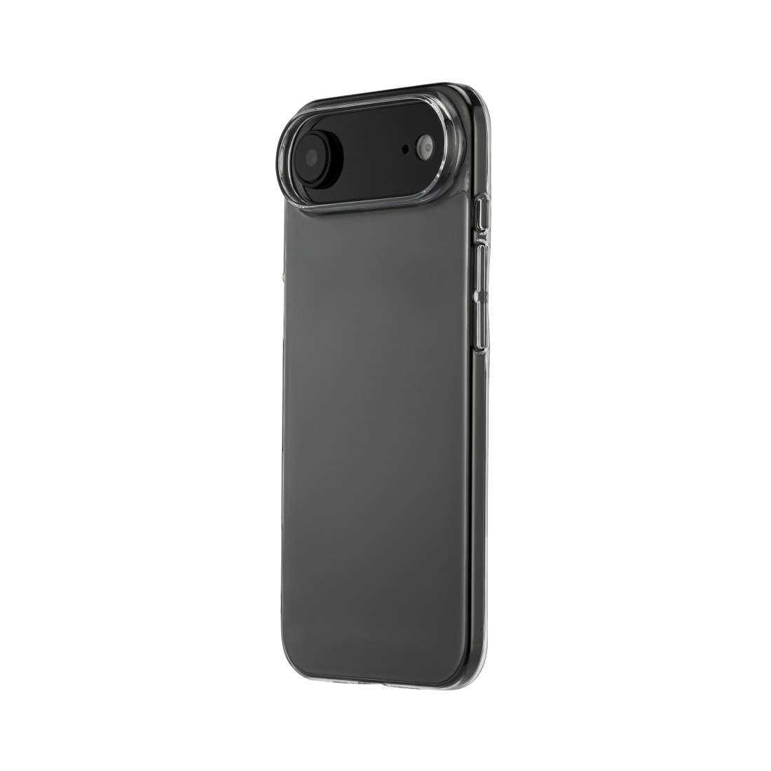 Ein schwarzes Smartphone mit Kameraaufsatz vor weißem Hintergrund. Das Telefon hat eine Schutzhülle.