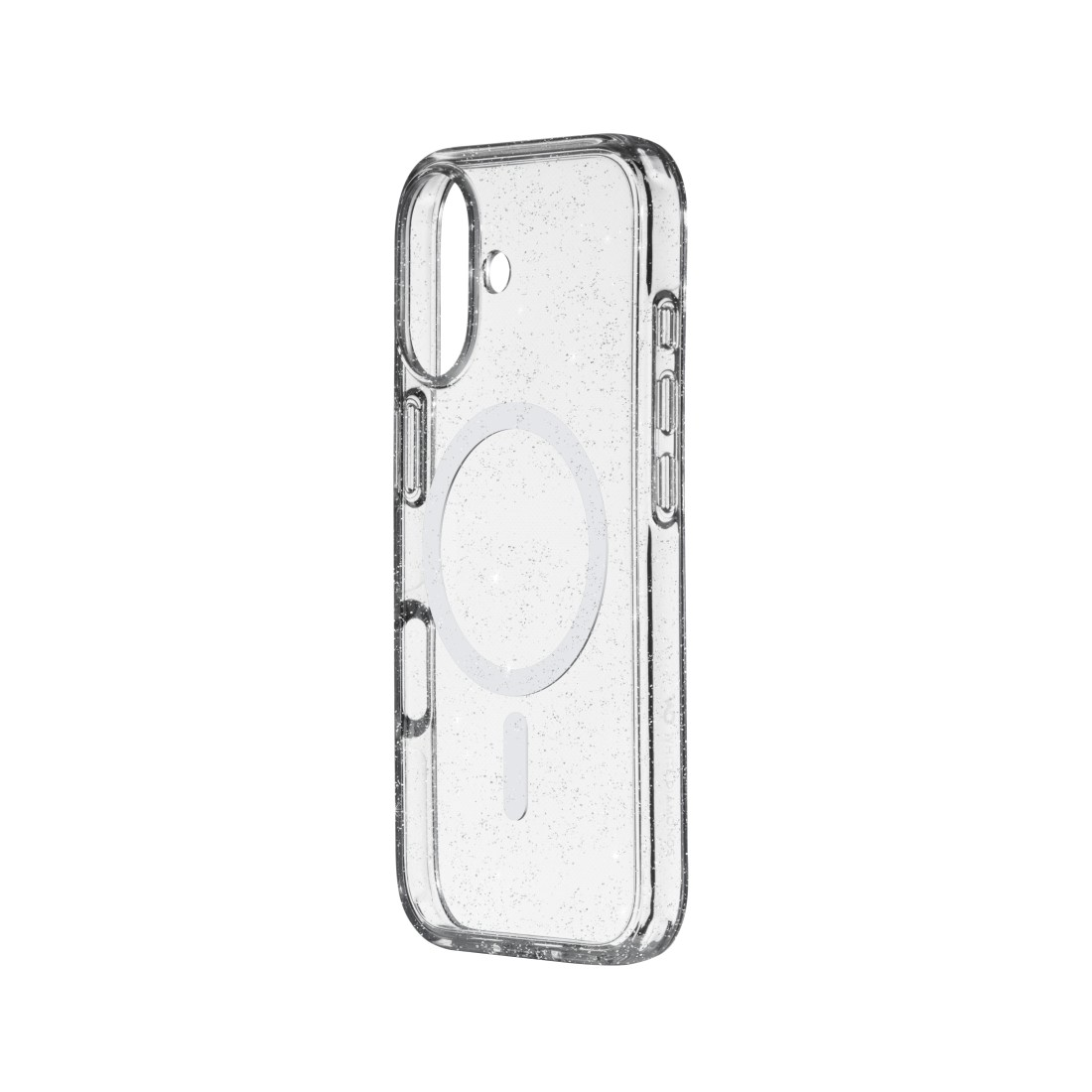 Eine transparente iPhone-Hülle mit Glitzer, mit einem MagSafe-Kreis und Knopfumrissen, vor weißem Hintergrund.