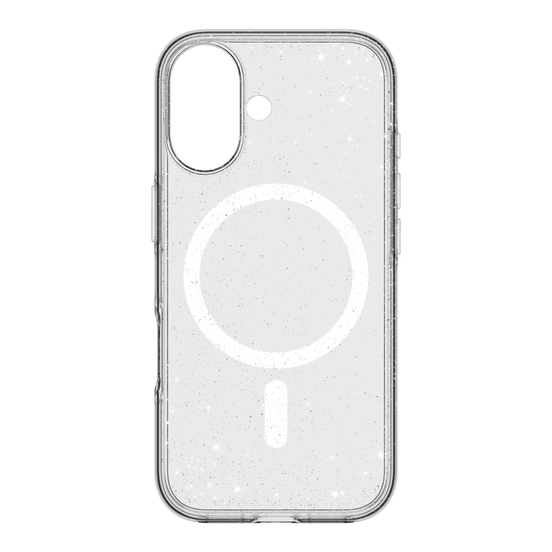 Eine transparente Handyhülle mit Glitzer. Sie hat einen Kameraausschnitt und einen weißen Kreis und eine Linie, wie ein Ladesymbol.
