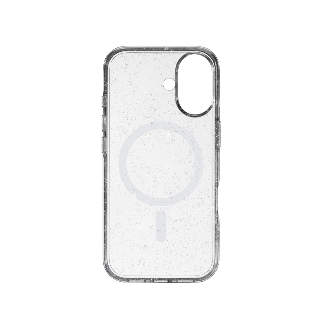 Transparente Handyhülle mit Glitzer. Mit offenem oberen Rand, kreisförmiger Aussparung und einer Linie unten.