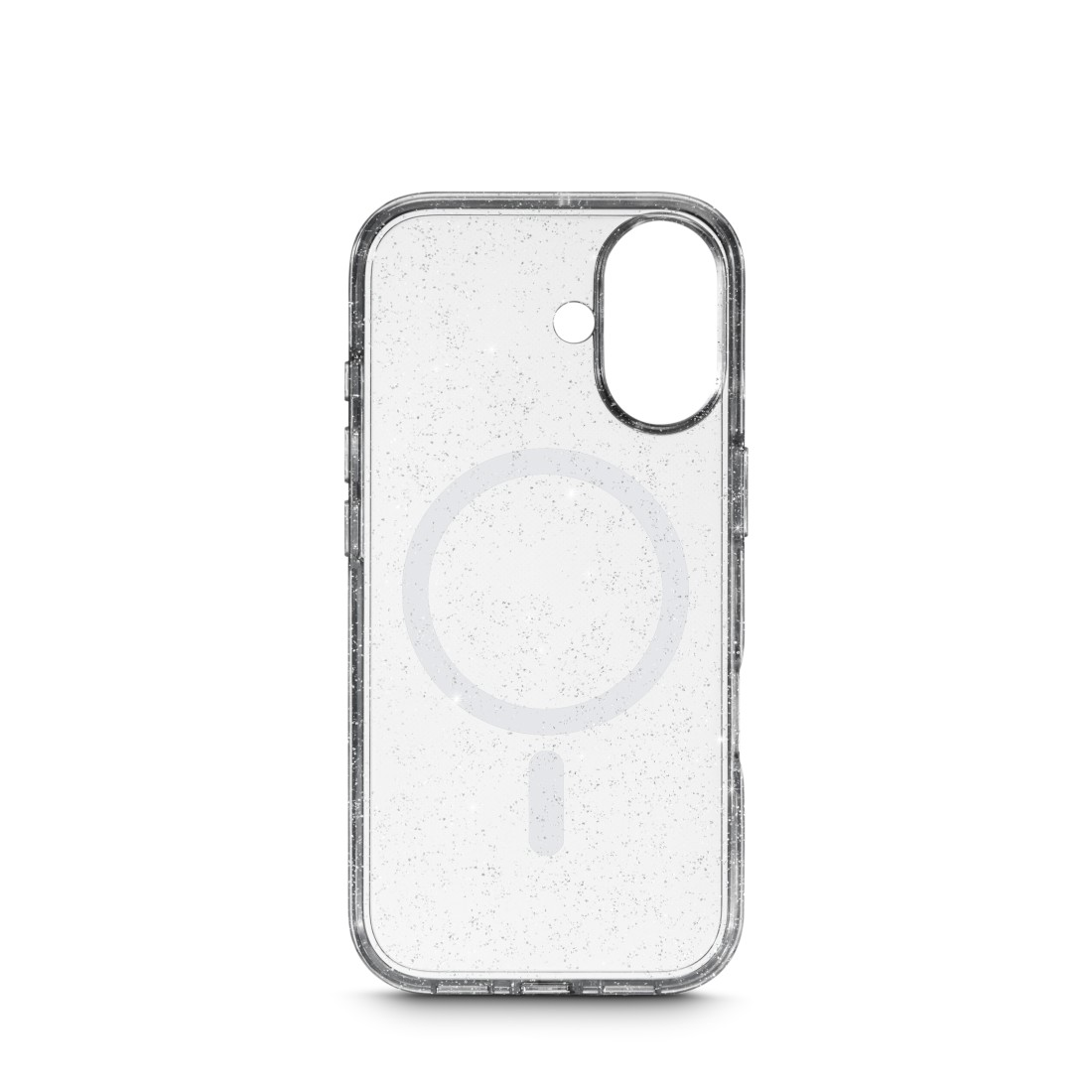 Transparente iPhone-Hülle mit Glitzer und einem magnetischen Ring-Design. Die Hülle hat einen Kameraausschnitt und ein Ladesymbol.