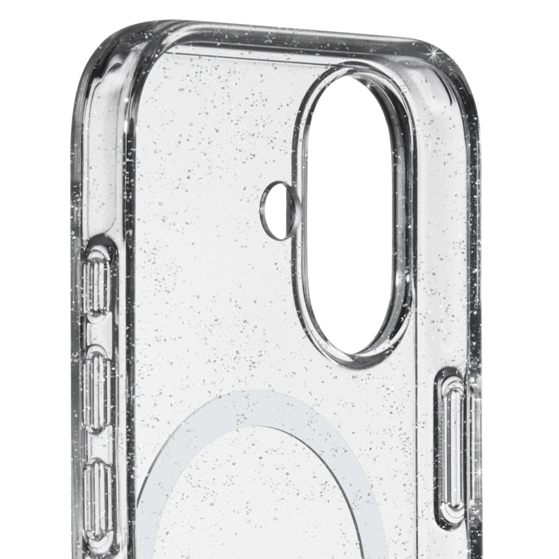 Transparente Handyhülle mit Glitzer. Sie hat Kamera- und Knopflöcher. Die Hülle befindet sich auf weißem Hintergrund.
