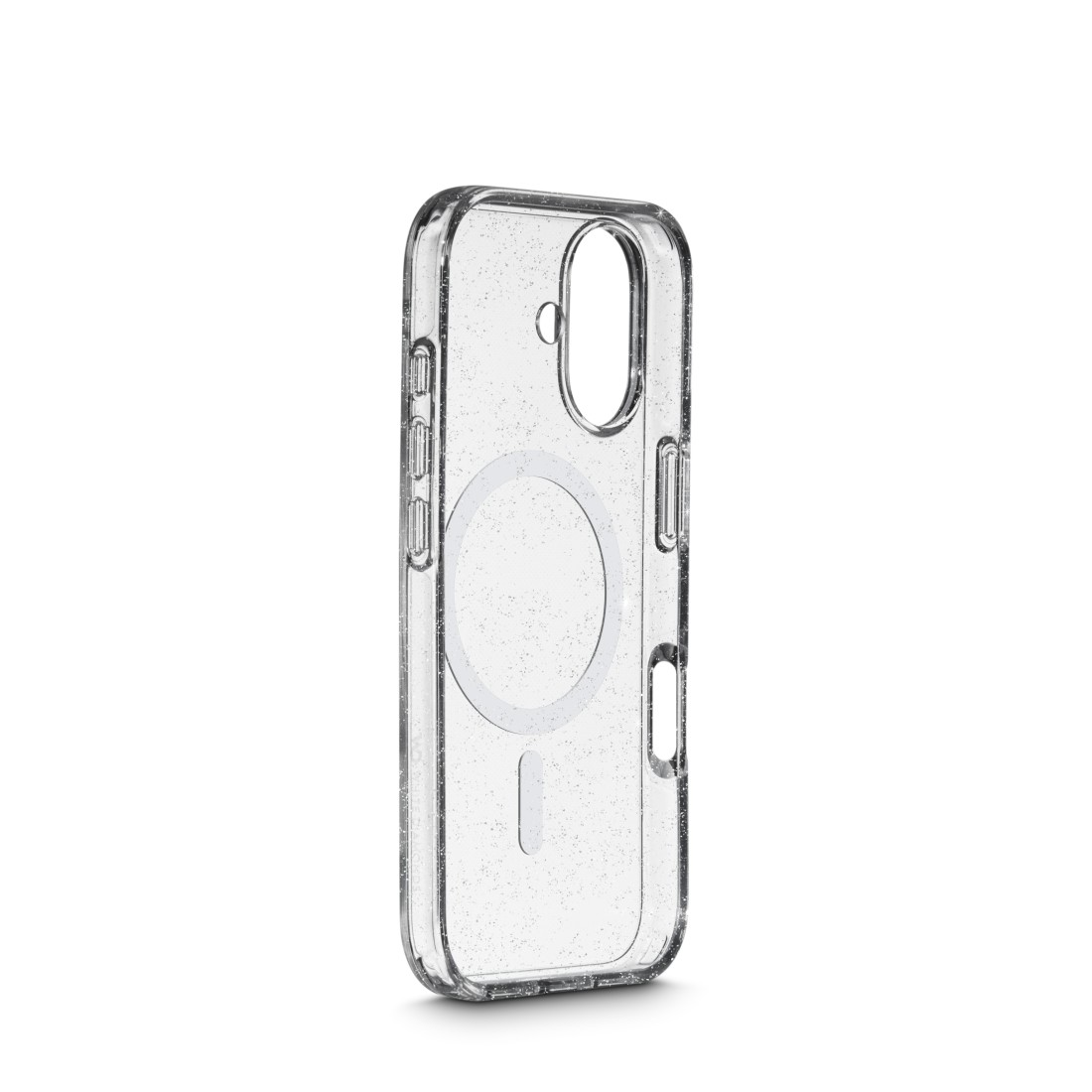 Eine transparente Handyhülle mit Glitzer. Sie hat einen Kameraausschnitt und ein kreisförmiges Design auf der Rückseite. Die Hülle befindet sich auf weißem Hintergrund.