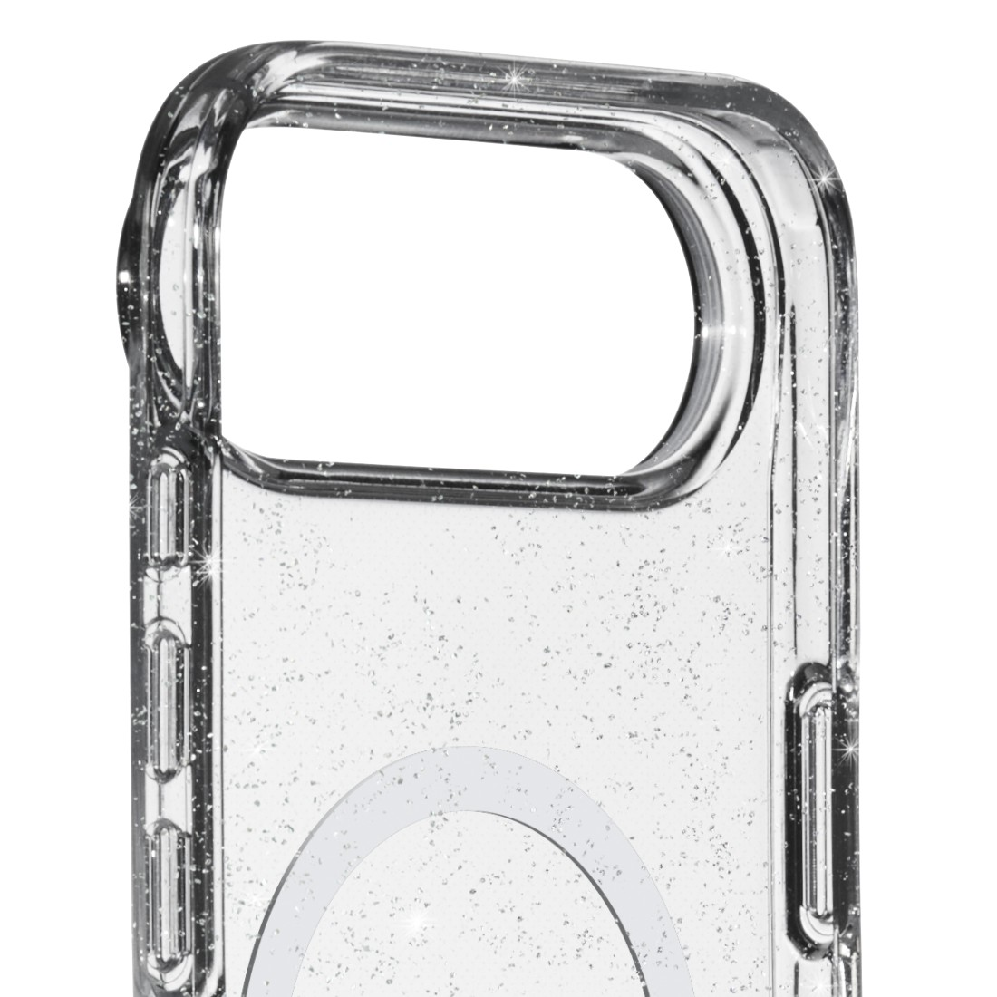 Transparente Handyhülle mit Glitzer, mit einer Öffnung für die Kamera. Die Hülle hat ein kreisförmiges Design auf der Rückseite.