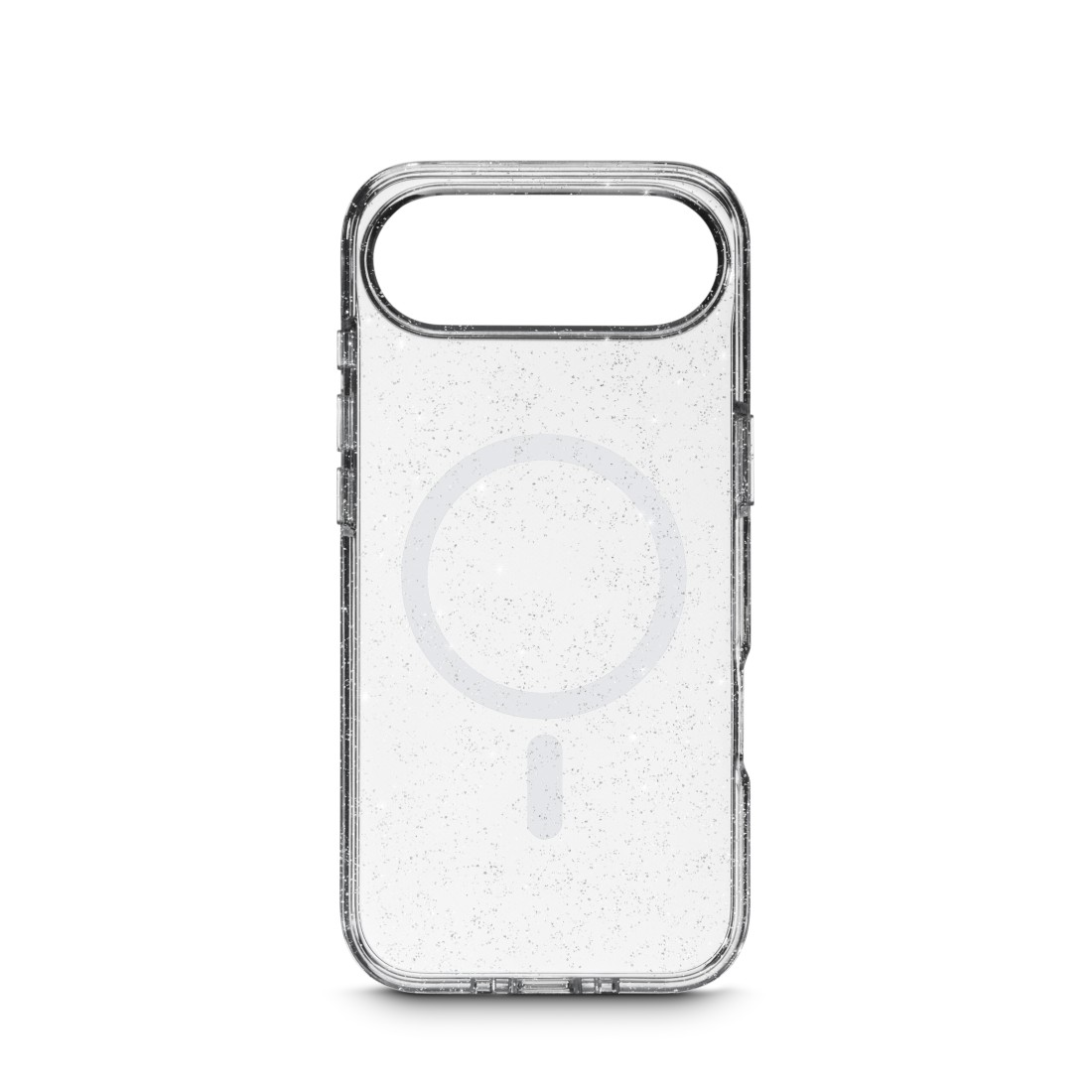 Eine transparente Handyhülle mit Glitzer, mit Kameraausschnitt und kreisförmigem MagSafe-Design auf weißem Hintergrund.