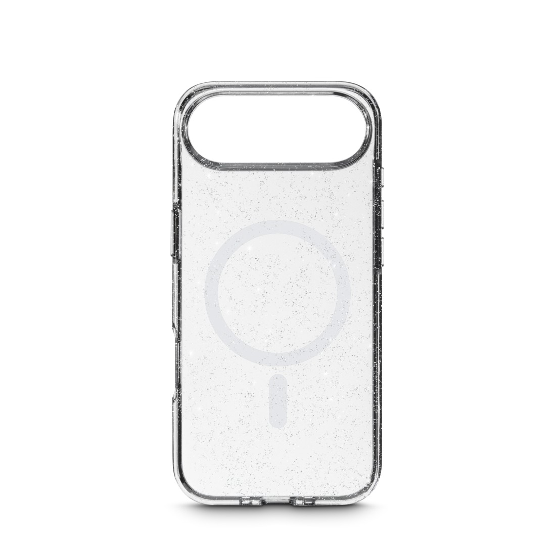 Transparente, glitzerbesetzte Handyhülle mit einem Ausschnitt oben für die Kamera. Mit MagSafe-Ladekreis-Design auf der Rückseite.