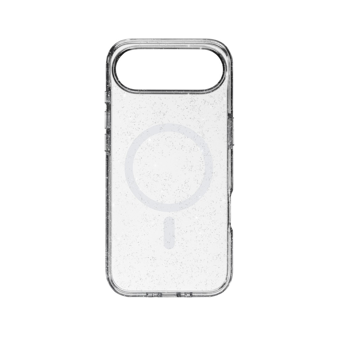 Transparente Handyhülle mit Glitzer. Großer Kameraausschnitt oben. Kreis- und Balkendesign zur Mitte. Transparente Hülle.