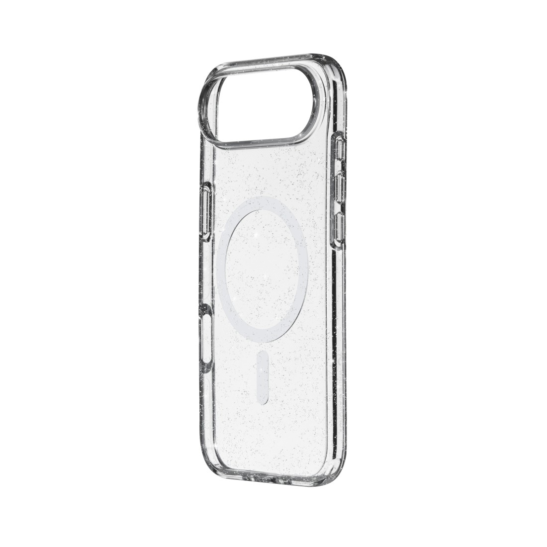Eine transparente Handyhülle mit Glitzer wird gezeigt. Die Hülle hat ein Kamera Loch und einen kreisförmigen MagSafe Ring.