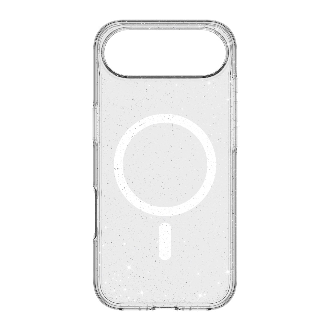 Eine transparente Handyhülle mit MagSafe-Ring und Glitzer. Die Hülle hat Aussparungen für Kamera und Tasten.